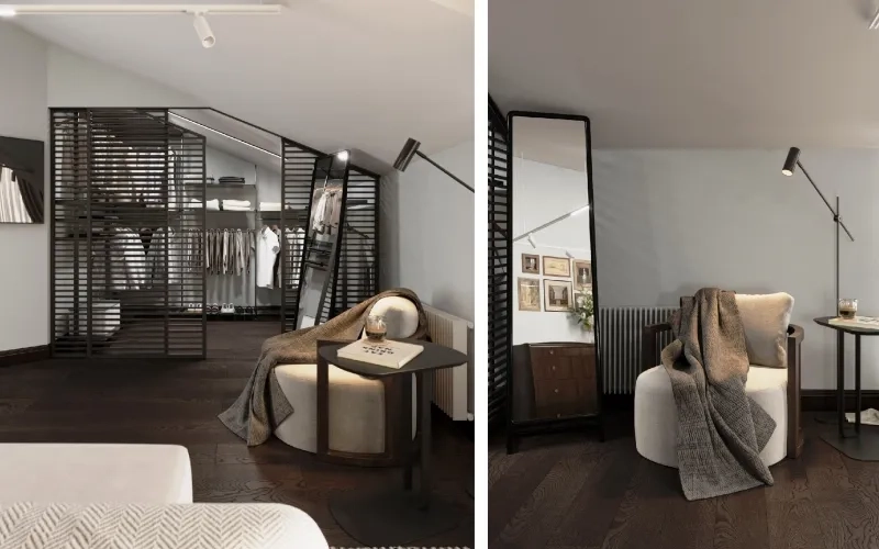 вариант перегородки из реек и деревянные подоконники