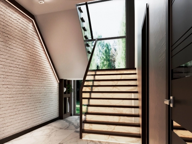 дизайн проект отделки лестницы со стеклянным ограждением