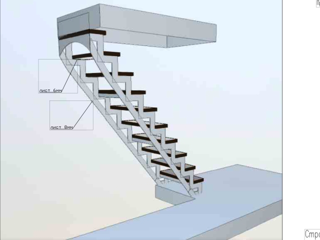 проект лестницы на металлокаркасе с прямым маршем