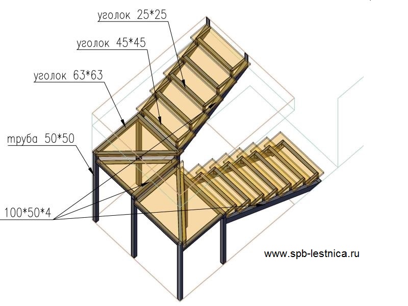 проект металлической лестницы с 4 забежными ступенями
