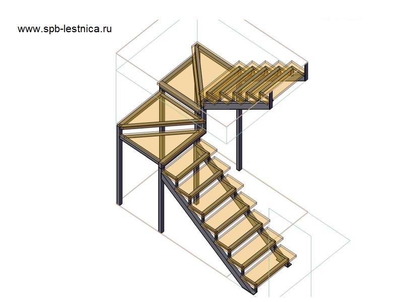 проект металлической лестницы с 4 забежными ступенями
